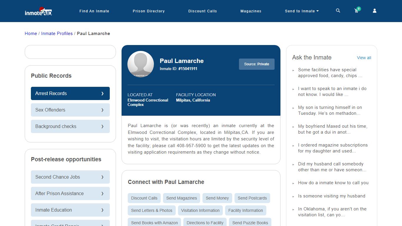 Inmate Search: Paul Lamarche 15041911, Milpitas, California